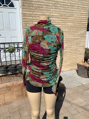 Jane Delancey Floral Ruched Turtleneck Long Sleeve Top - Teal & Magenta size L